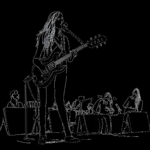 Strichzeichnung einer Frau, die Devon Lee Carlson darstellt, wie sie mit einer Band auf der Bühne auftritt