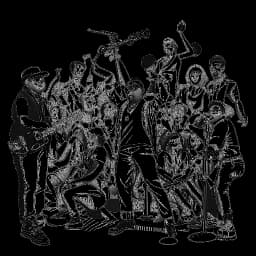 Strichzeichnung von Vokalmatador, der auf der Bühne rappt, umgeben von einer vielfältigen Gruppe von Musikern, die verschiedene Instrumente spielen. Die Zeichnung ist vor einem weißen Hintergrund.