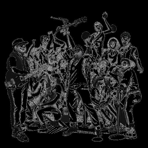 Strichzeichnung von Vokalmatador, der auf der Bühne rappt, umgeben von einer vielfältigen Gruppe von Musikern, die verschiedene Instrumente spielen. Die Zeichnung ist vor einem weißen Hintergrund.