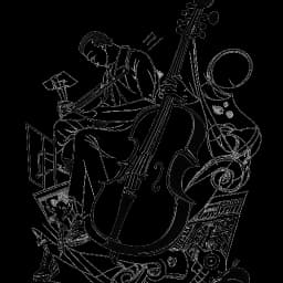 Strichzeichnung eines Mannes, der Vokalmatador darstellt und klassische Musikelemente wie ein Cello und Notenblätter mit Straßenkulturelementen wie Sneakers und Graffiti kombiniert. Die Zeichnung ist vor einem weißen Hintergrund.
