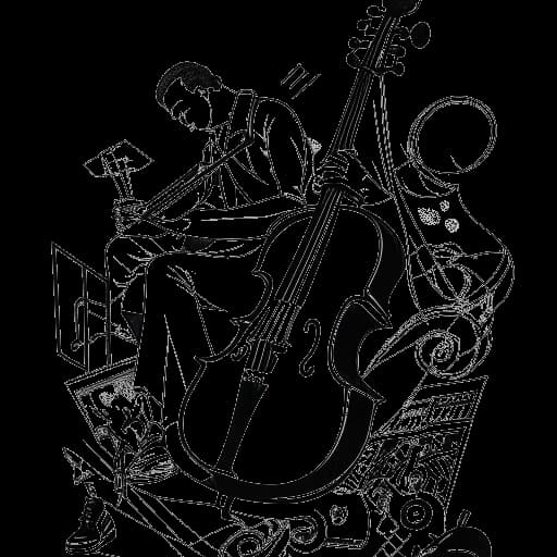 Strichzeichnung eines Mannes, der Vokalmatador darstellt und klassische Musikelemente wie ein Cello und Notenblätter mit Straßenkulturelementen wie Sneakers und Graffiti kombiniert. Die Zeichnung ist vor einem weißen Hintergrund.