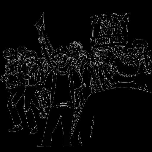 Strichzeichnung eines Mannes, der einer Gruppe von Demonstranten gegenübersteht, mit einem Banner 'Antifaschist' im Hintergrund, die Vokalmatadors vergangene Probleme repräsentiert