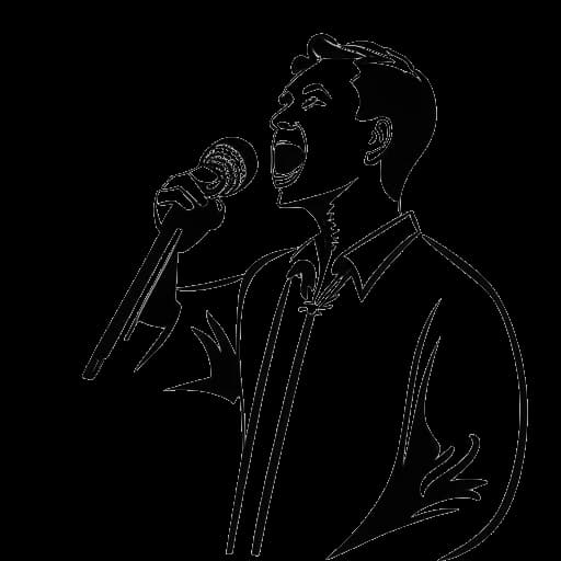 Strichzeichnung eines Mannes, der singt, mit einem durchgestrichenen politischen Symbol im Hintergrund, die Vokalmatadors Vermeidung politischer Themen repräsentiert