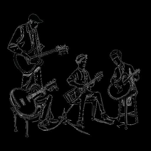 Strichzeichnung eines Mannes, der mit anderen Musikern arbeitet, mit den Namen 'Die Sekte' und 'Kalle' im Hintergrund, die Vokalmatadors Zusammenarbeiten repräsentieren