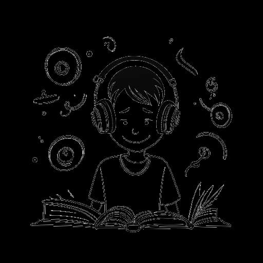 Strichzeichnung eines Jungen in einem Klassenzimmer mit Kopfhörern, umgeben von Noten und einer Schallplatte, die Vokalmatadors erste Hip-Hop-Begegnung repräsentiert