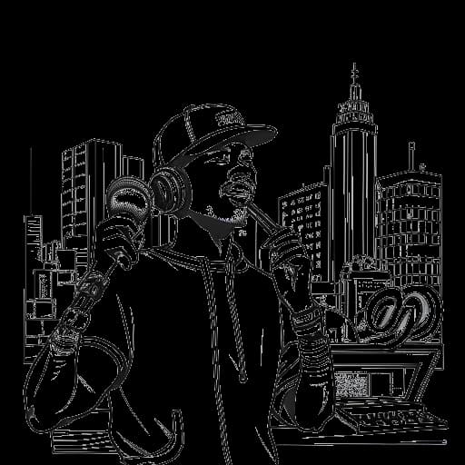 Strichzeichnung eines Mannes, der rappt, umgeben von Mikrofonen und Kopfhörern, mit Berliner Wahrzeichen im Hintergrund, die Vokalmatadors Gastbeiträge repräsentieren