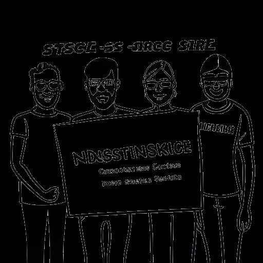 Strichzeichnung von vier Personen, die ein Banner halten, auf dem 'Industrie Säcke' mit dem Gründungsjahr '2015' steht, die Vokalmatadors Gruppe repräsentiert