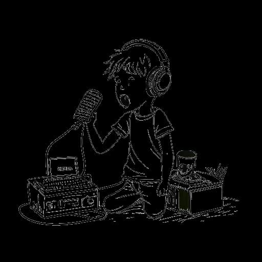 Strichzeichnung eines Jungen, der zu Hause Musik aufnimmt, mit Kassettentapes und einem Mikrofon, die Vokalmatadors musikalische Reise repräsentieren