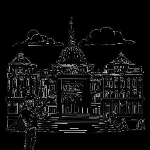 Strichzeichnung eines Jungen, der auf einer Bühne auftritt, mit einem Opernhaus und einem Rathaus im Hintergrund, die Vokalmatadors Produktionen und Empfänge repräsentieren