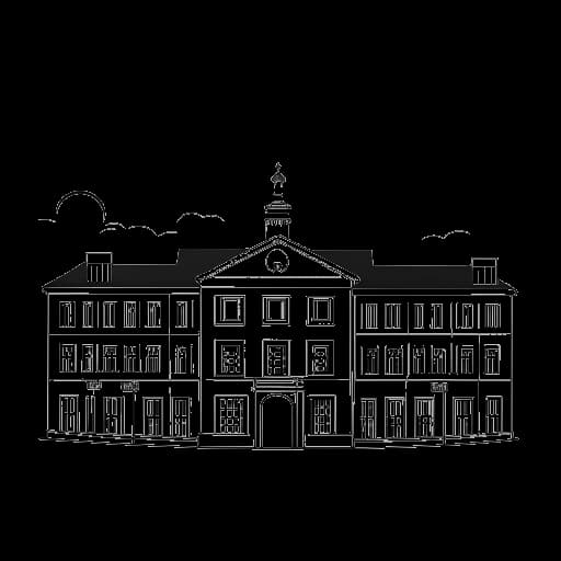 Strichzeichnung eines Schulgebäudes mit Sprechblasen für Wilmersdorf, Charlottenburg und Kreuzberg, die die Schule und Freundschaften von Vokalmatador repräsentieren