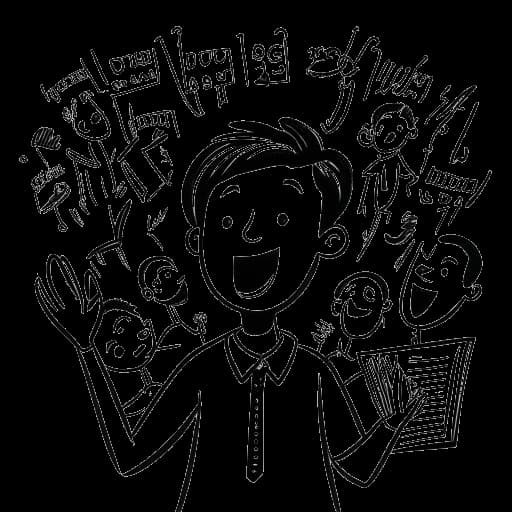 Strichzeichnung eines jungen Jungen, der in einem Chor singt, umgeben von Symbolen für Berliner Straßen- und klassische Musik, die Vokalmatadors Zeit bei den Schöneberger Sängerknaben repräsentieren