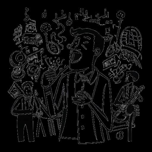 Strichzeichnung eines Mannes, der singt, mit Berliner Straßen- und klassischen Musiksymbolen um ihn herum, die Vokalmatadors einzigartige Vorliebe repräsentieren