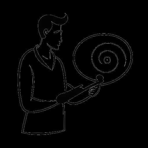 Strichzeichnung eines Mannes, der eine Schallplatte und ein digitales Gerät hält, mit einer Gedankenblase, die eine Vorliebe für die Schallplatte zeigt, die Vokalmatadors Vorlieben repräsentiert