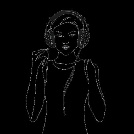 Line drawing of a woman, representing Kelsey Kreppel, with a headset, illustrating her podcasting, and holding a play symbol and clothing hanger, indicating her YouTube and fashion ventures against a white background.