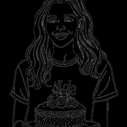 Line art drawing of a woman, representing Kelsey Kreppel, with long wavy hair in a Los Angeles t-shirt, holding a birthday cake with '1993' on it.