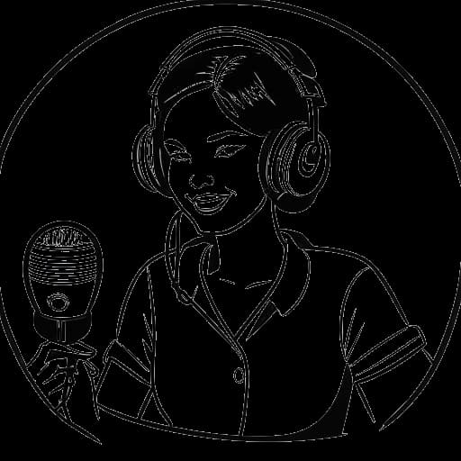Line art drawing of a woman, representing Kelsey Kreppel, sitting in front of a microphone, holding a headset, with the words 'Circle Time' displayed on a sign behind her.