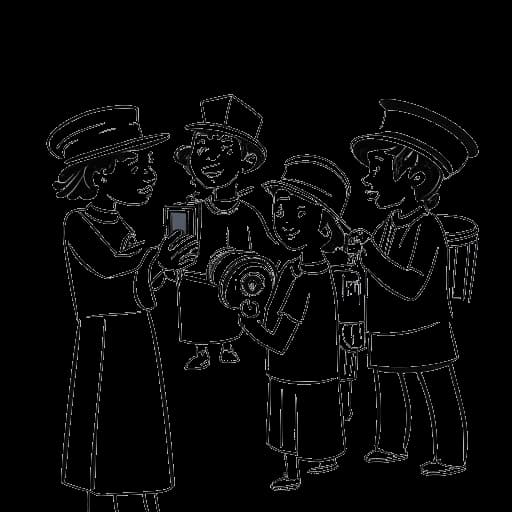 Line art drawing of a woman, representing Kelsey Kreppel, holding a camera, recording a line of preschool children wearing graduation caps.