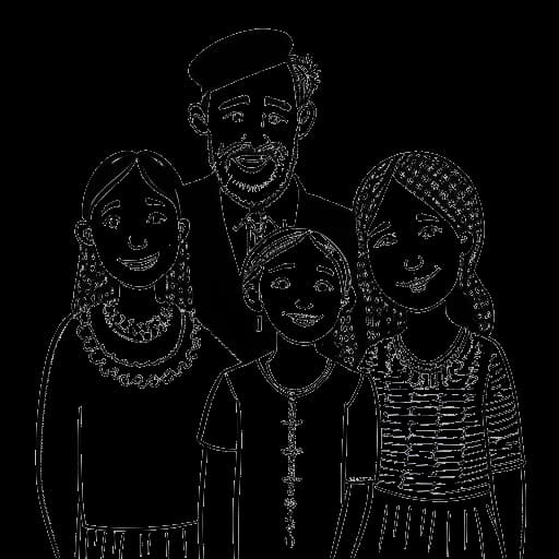 Line art drawing of a family, representing Kelsey Kreppel's family, with a young girl, her older brother, and their parents, the father wearing a yarmulke and the mother wearing a cross necklace.