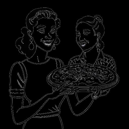 Line art drawing of a woman, representing Kelsey Kreppel, holding a slice of pineapple pizza, standing next to another woman, representing Emma Chamberlain, with a 'Hamilton' musical poster in the background.