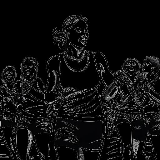 Line art drawing of a woman, representing Kelsey Kreppel, holding a finisher's medal, with a group of runners in the background.