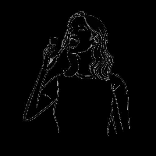 Line art drawing of a woman, representing Kelsey Kreppel, singing off-key, with a smartphone displaying the Instagram logo.