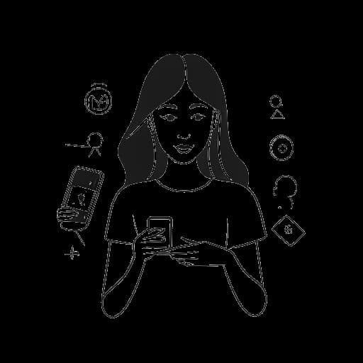 Line art drawing of a woman, representing Kelsey Kreppel, holding a smartphone, with the logos of YouTube, Instagram, and Twitter displayed on the screen.