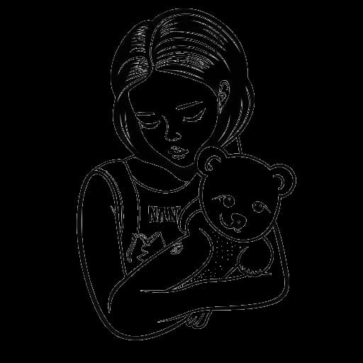 Line art drawing of a woman, representing Kelsey Kreppel, pretending to cry, with a teddy bear tattoo on her arm and a Roman numeral 'MCMXCI' tattoo on her wrist.