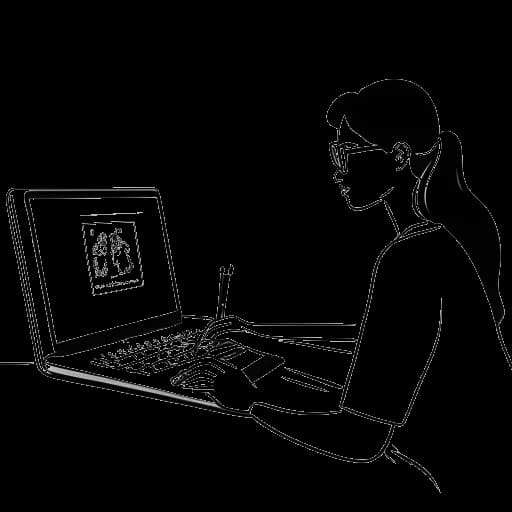 Line art drawing of a woman, representing Kelsey Kreppel, with a laptop, editing a video on YouTube with the year '2014' displayed on the screen.