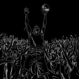 Desenho em arte linear de um jovem determinado, representando Michael Jordan, vestindo um uniforme de basquete e shorts, praticando intensamente basquete em uma quadra, com multidões aplaudindo ao fundo.