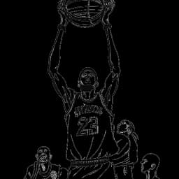 Desenho em arte linear de um jogador de basquete triunfante, representando Michael Jordan, segurando o Troféu Larry O'Brien do Campeonato da NBA sobre a cabeça, cercado pelos icônicos tênis Air Jordan.
