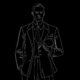 Desenho em arte linear de um homem elegante, representando Michael Jordan, em um terno, segurando um charuto em uma mão e um taco de golfe na outra, com uma quadra de basquete ao fundo.