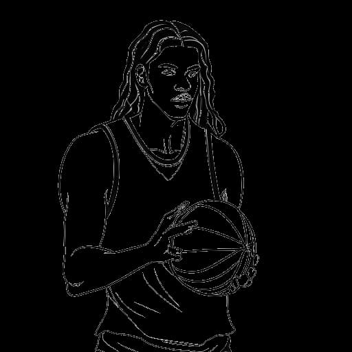 Dessin en ligne d'un jeune homme aux cheveux longs, représentant Michael Jordan, regardant déçu avec un ballon de basket dans ses mains