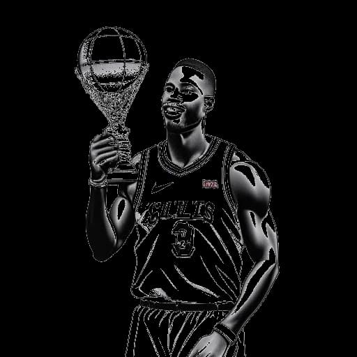 Dessin en ligne d'un jeune homme, représentant Michael Jordan, en uniforme des Chicago Bulls tenant un trophée