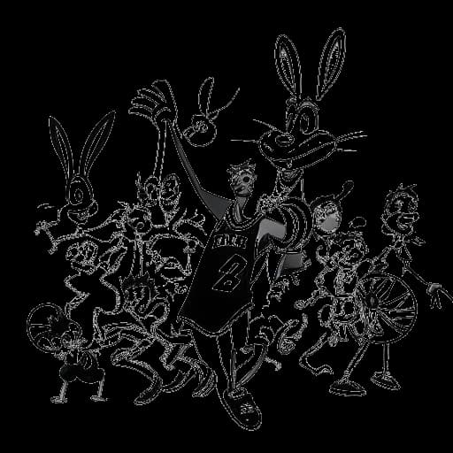 Dessin en ligne d'un homme, représentant Michael Jordan, jouant au basket avec Bugs Bunny et d'autres personnages des Looney Tunes