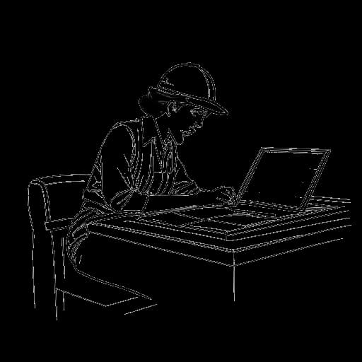 Dibujo de arte lineal de una arquitecta, representando a Bianca Censori, trabajando en un plano