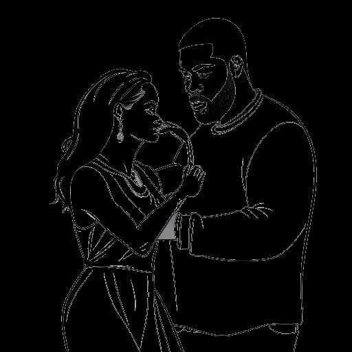 Dibujo de arte lineal de una mujer estilizando a un hombre para una aparición pública, representando a Bianca Censori y Kanye West