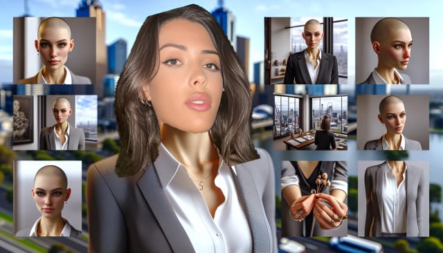 Bianca Censori, dressed in modern professional attire, with Melbourne architecture and a Hello Kitty doll in the background.