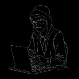 Strichzeichnung von Dillon Der Hacker, ein Mann, der Hacker-Themenkleidung trägt, eine Computer-Tastatur hält und mit einem schelmischen Ausdruck im Gesicht.