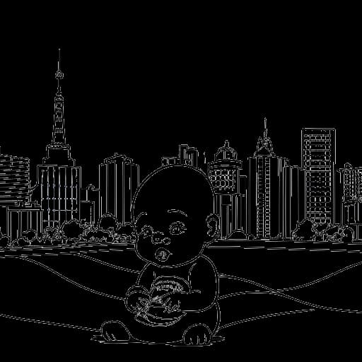 Disegno in bianco e nero di un neonato, raffigurante Dillon The Hacker, con un certificato di nascita, una skyline della città di Covington, Louisiana e il numero 1998 sullo sfondo.