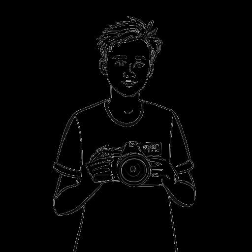 Disegno in bianco e nero di un giovane, raffigurante Dillon The Hacker, con una videocamera, il testo 'caos totale' e un logo di YouTube sullo sfondo.