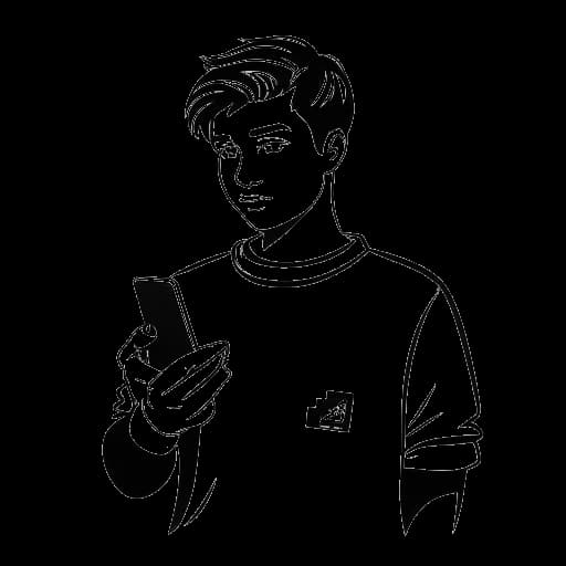 Disegno in bianco e nero di un giovane, raffigurante Dillon The Hacker, con uno smartphone in mano, con un logo di 4chan e un logo di Twitter sullo sfondo.