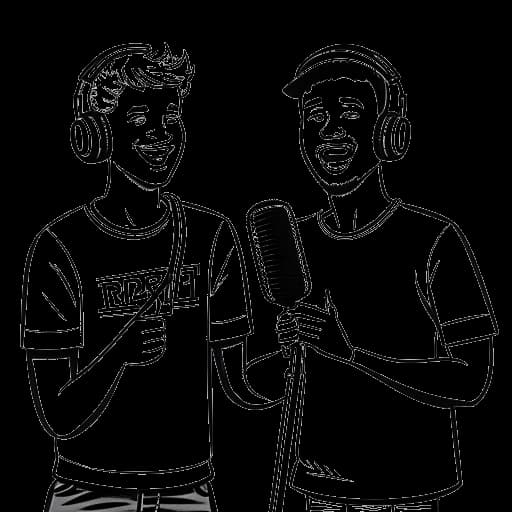 Disegno in bianco e nero di due giovani, raffiguranti Dillon The Hacker e Tyler, con dei microfoni in mano, con il testo 'Room 737' e un cartello 'podcast' sullo sfondo.