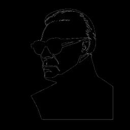 Silhouette en ligne de Karl Lagerfeld, en col montant et lunettes de soleil, représentant ses diverses collaborations artistiques sur un fond blanc.