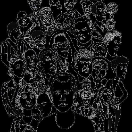 Desenho em arte linear de um homem representando Karl Lagerfeld, cercado por sua coleção de arte.