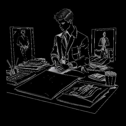 Desenho em arte linear de um jovem representando Karl Lagerfeld, trabalhando como diretor artístico na Balmain.