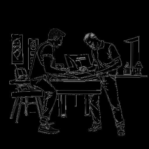 Desenho em arte linear de um homem representando Karl Lagerfeld, colaborando com Renzo Rosso em uma coleção de jeans.