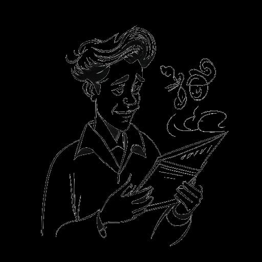 Desenho em arte linear de um homem representando Karl Lagerfeld, com aspecto evasivo, segurando uma certidão de nascimento borrada.