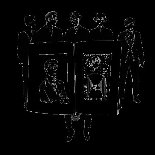 Desenho em arte linear de um homem representando Karl Lagerfeld, exibindo seu livro de fotos 'The Little Black Jacket'.