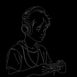 Lijnkunsttekening van een jongen, die Rangesh Mutama aka N3on vertegenwoordigt, met een headset, gefocust op intens spel. De afbeelding toont het vroege gaming succes van N3on tegen een witte achtergrond.