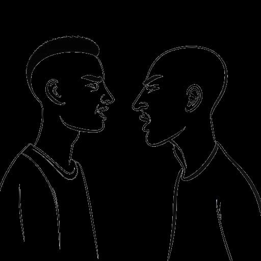 Lijnkunsttekening van een jonge man, die N3on vertegenwoordigt, met een buzzcut-kapsel betrokken bij een verhitte discussie, reflecterend op zijn controversiële confrontaties.